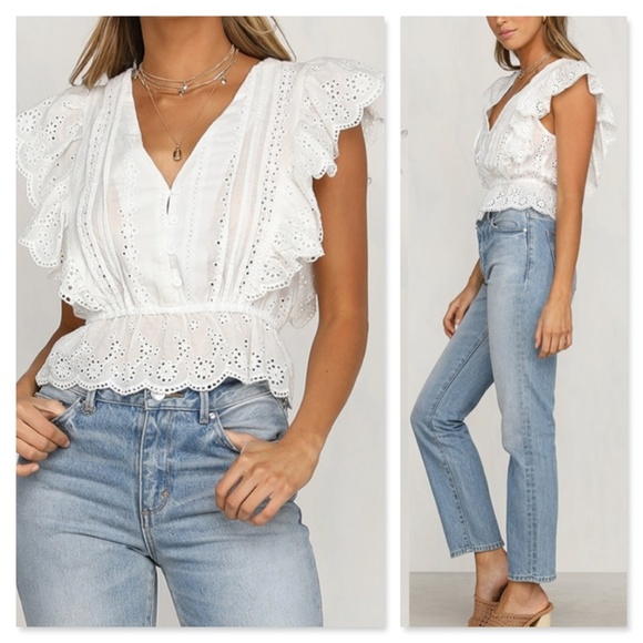 White Eyelet Ruffle Detail V-Neck Buttoned Top - Picture 2 of 8
